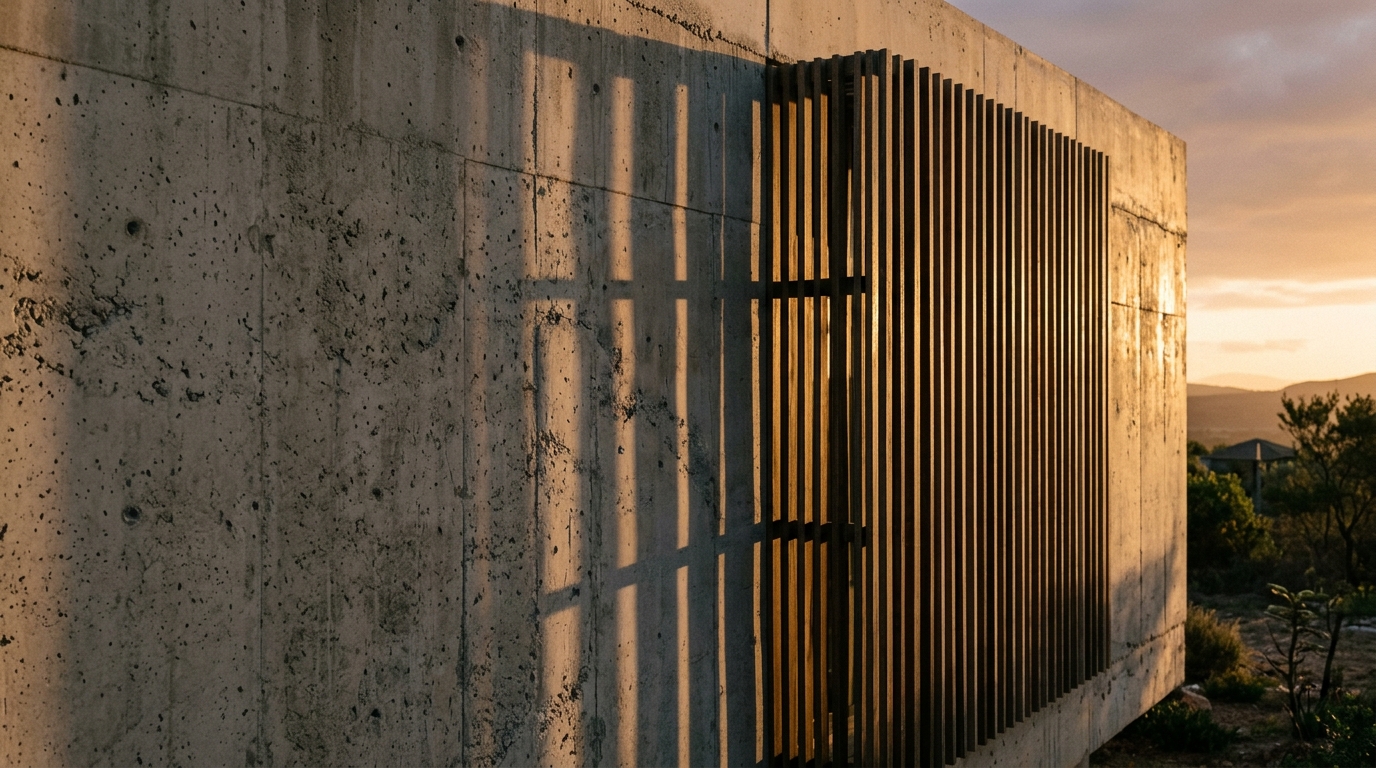 Facade detail — concrete and timber screen in highveld light