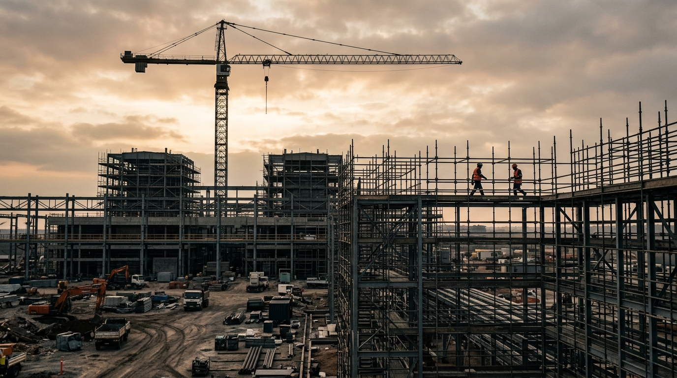 Construction site at golden hour with scaffolding and crane